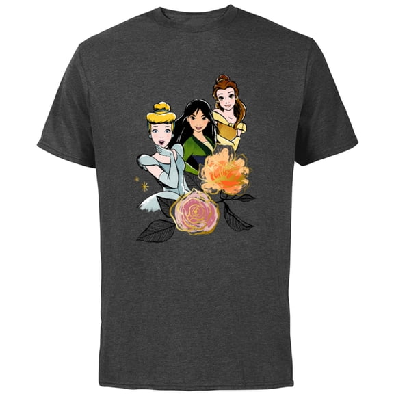 Disney Princess Cinderella Mulan Belle Floral - Short Sleeve Cotton T-Shirt for Adults - Customized-Charcoal