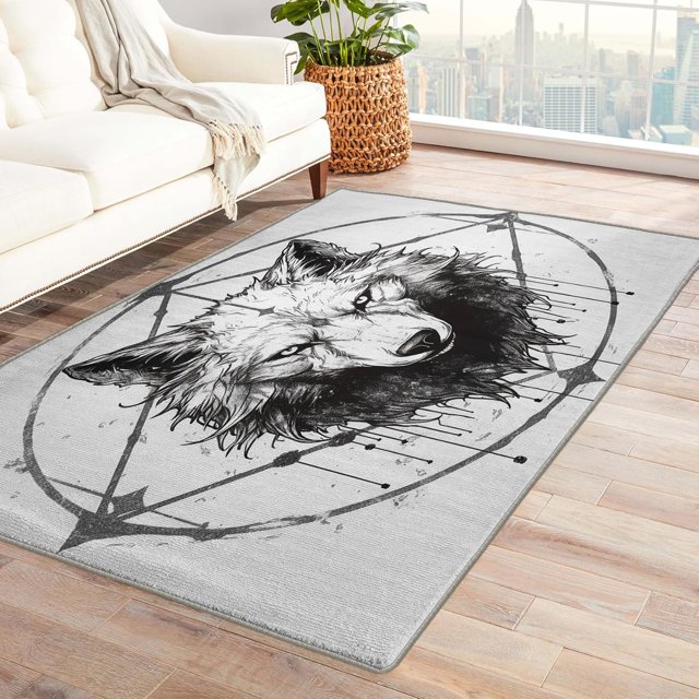 Animal Wolf Area Rug 4x6, Wolves Rugs for Bedroom Living Room, Black Carpet, Machine Washable Rug, Non Slip Soft Low Pile Rugs Home Decor Medium Carpets T6&-76