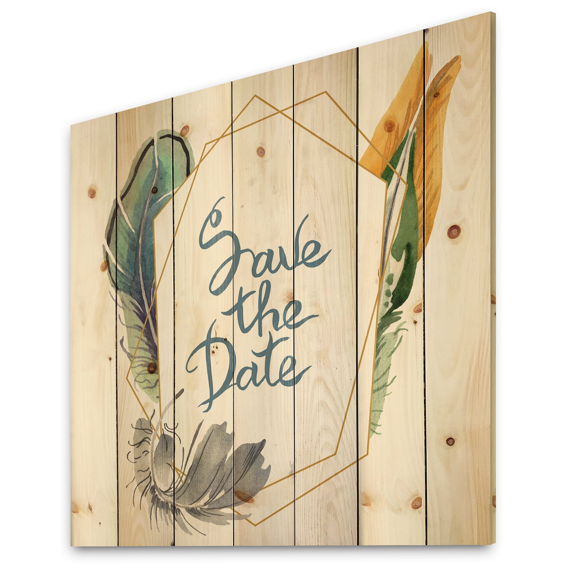 Designart 'Save The Date Bird Blue Feather' Bohemian & Eclectic Print on Natural Pine Wood