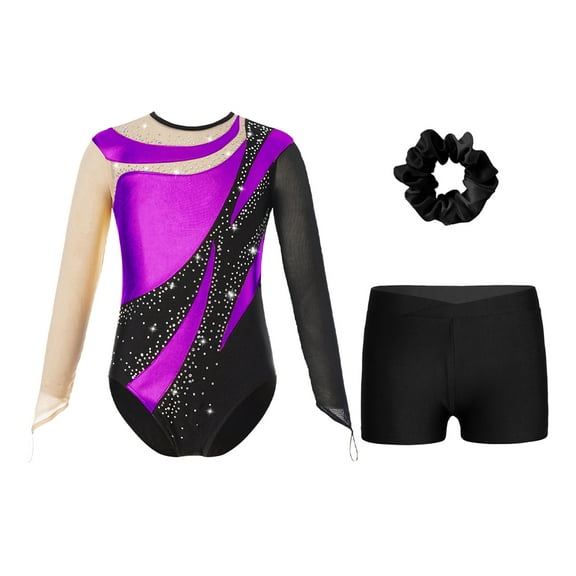 Alvivi Kids Girls Long Sleeve Gymnastics Leotard with Shorts Hair Scrunchie Dance Unitard Biketards Purple 12