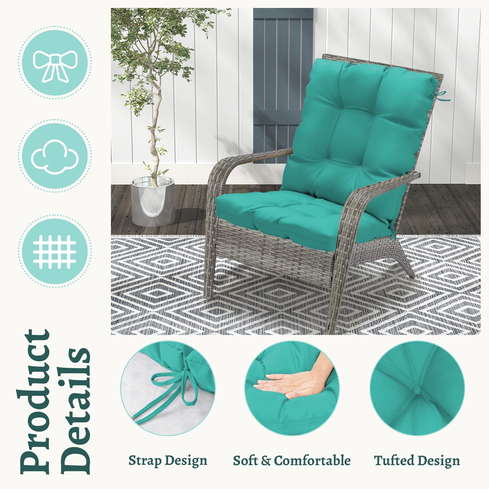 Outdoor High Back Chair Cushions Set of 2, 42"x21"x4" Tufted Waterproof Patio Cushion for Rocking & Dining Chairs, Soft Seat Pad with Ties, Fade-Resistant Indoor Outdoor Use