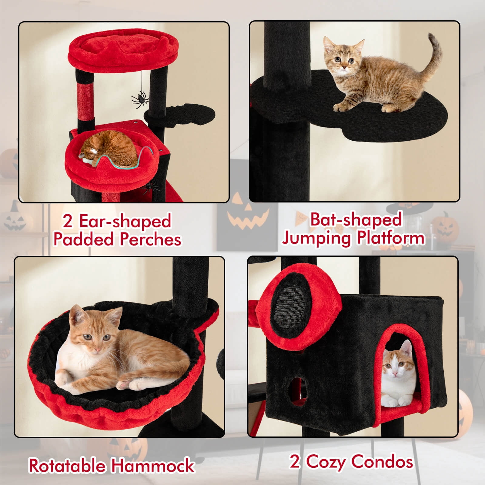 Costway Gothic Cat Tree for Indoor Cats with 2 Cat Condos & 2 Plush Perches, Dangling Balls