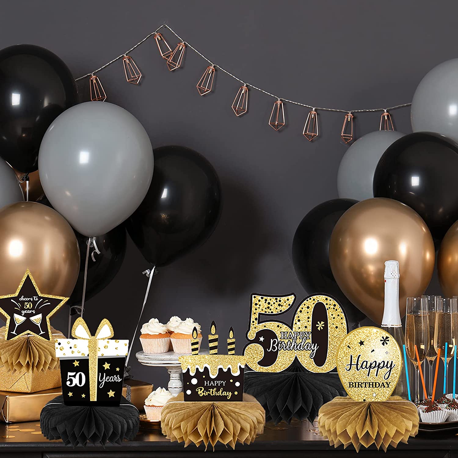 9-Piece Black and Gold 50th Birthday Honeycomb Centerpieces photo 5