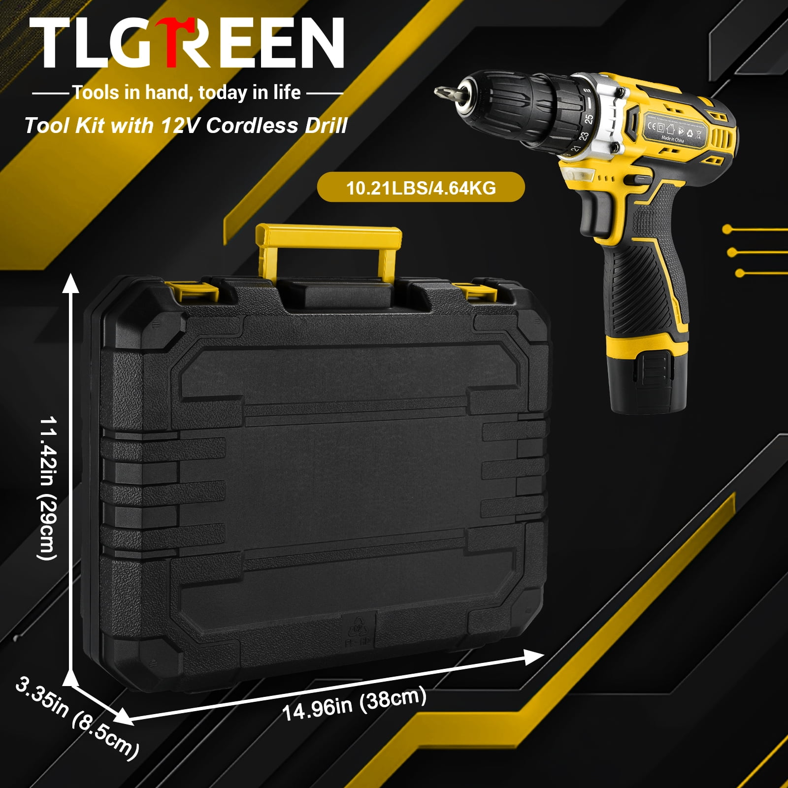 TLGREEN 12V Cordless Drill Tool Set - 139 Piece, 2Ah Battery, 2-Speed Adjustable Power & Rapid Charging Magnetic drill, Home Tool Kit for DIY, Repairs, Gift for Father, Yellow