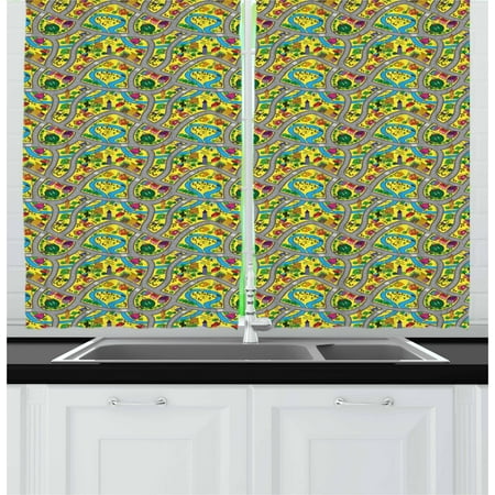 Kid's Car Race Track Roadway Activity Curtains 2 Panels Set, Abstract Illustration with River Intersecting Roads, Window Drapes for Living Room Bedroom, 55W X 39L Inches, Multicolor, by