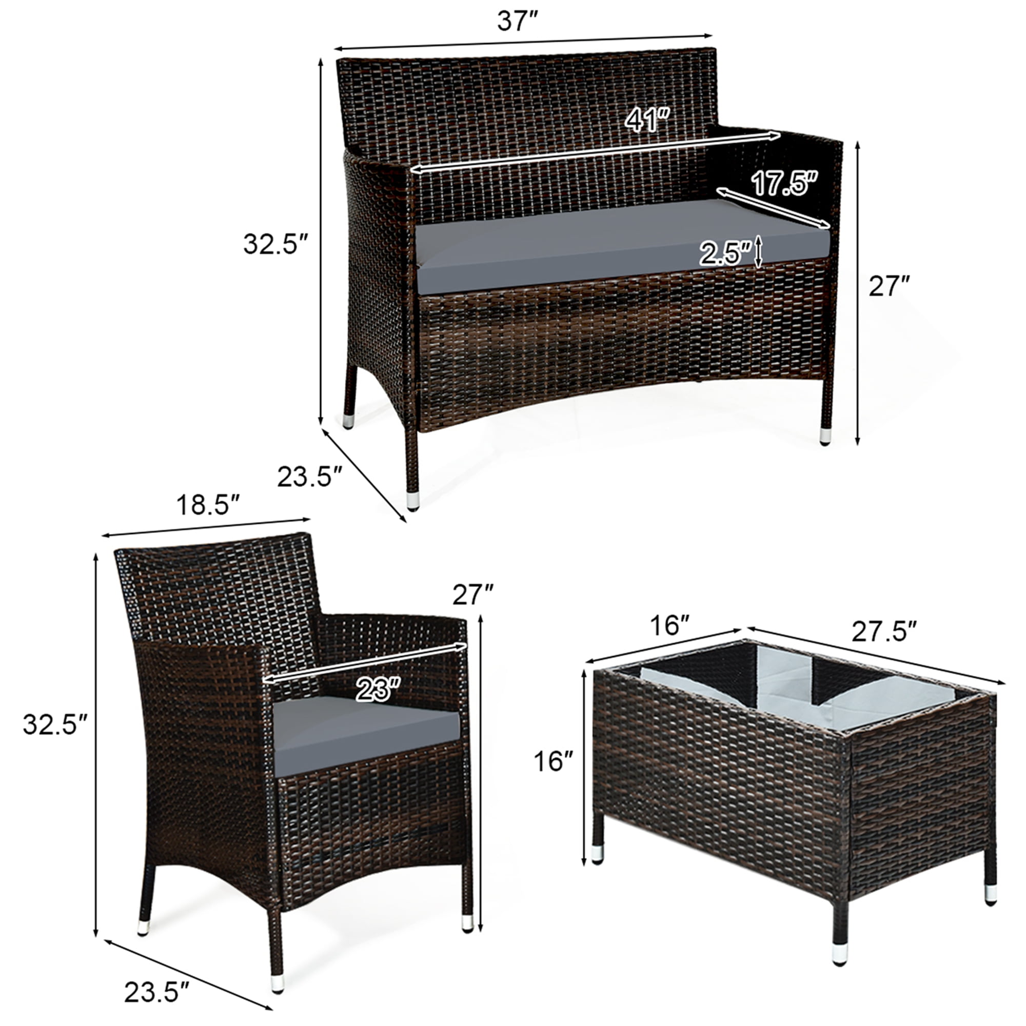 Costway 4PCS Outdoor Patio Rattan Furniture Set Table Shelf Sofa W/ Gray Cushions