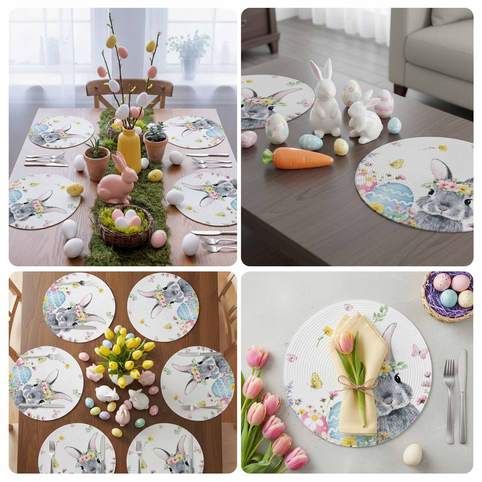 Round Woven Placemats set of 4, Easter Washable & Heat Resistan-t Plastic Wipeable Placemats for Round Table Easter Bunny Color Eggs Spring Floral Kitchen Dining Table Decor, 15in, White