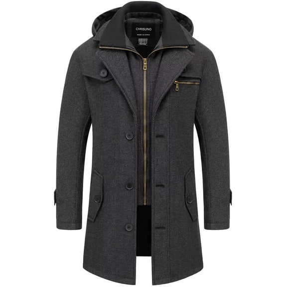 Chrisuno Mens Pea Coat Wool Jackets For Men Trench Business Jacket Men's Casual Slim Fit Notched Collar Long Single Breasted Overcoat With Pockets Black M