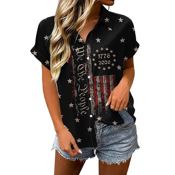 WERYOUNG 4th Of July Button Down Shirts For Women Patriotic Red White & Blue Print Blouses Casual Summer Short Sleeve Festival Shirt Versatile Top L