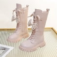 thumbnail image 2 of YMUQEIGH Girls Leather Riding Knee High Boots with Side Zipper Fashion Round Toe Comfortable Low Heel Lace Up Combat Boots Lug Sole Motorcycle Boots Little Kid/Big Kid, 2 of 7