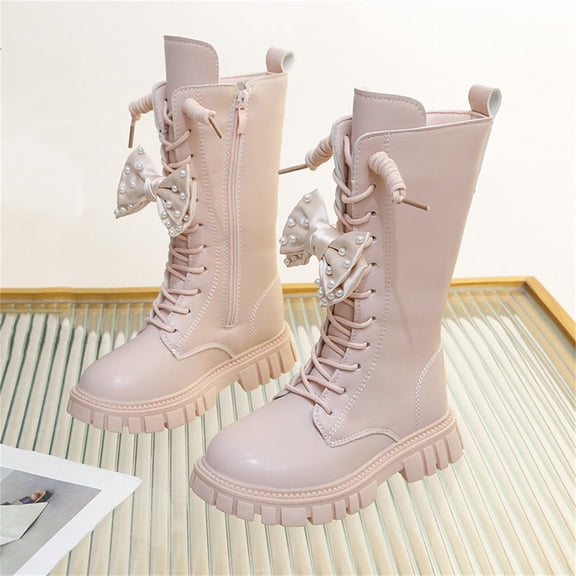 BRGZLK Girls Lace Up Riding Boots Autumn Winter Cute Pearl Bowknot Lace Up Side Zipper Warm Knee High Riding Boots Trendy Comfort Waterproof Princess Shoes Pink 1 Big Kids
