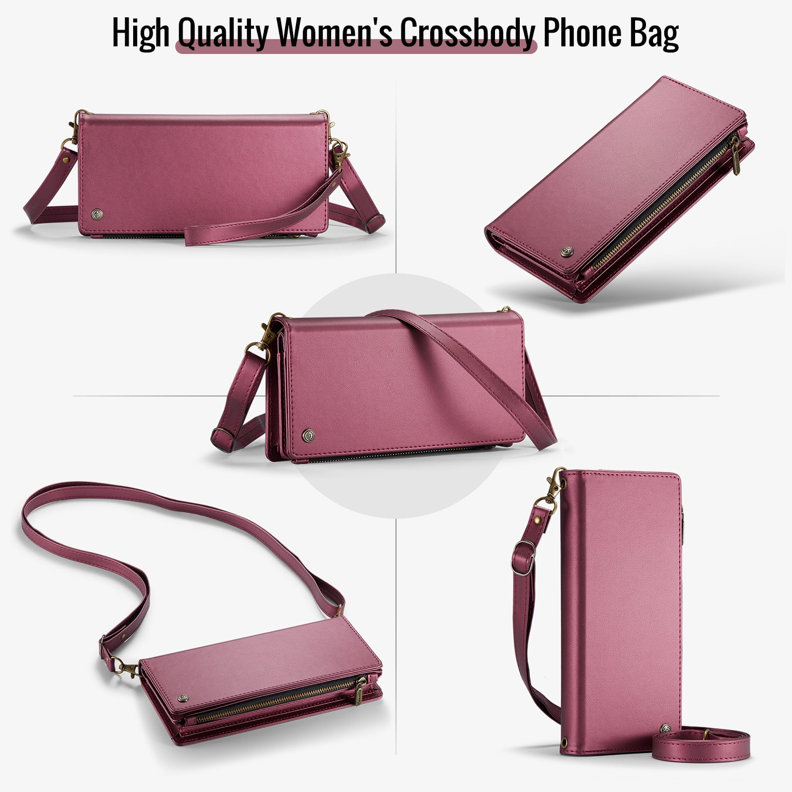 ELEHOLD Phone Bag Wallets for Women Girls,Luxury PU Leather Wallet Bag Crossbody Handbag with Phone Pocket Zipper Pocket Large Capacity Credit Card Holders Wriststrap Shoulder Strap,Winered