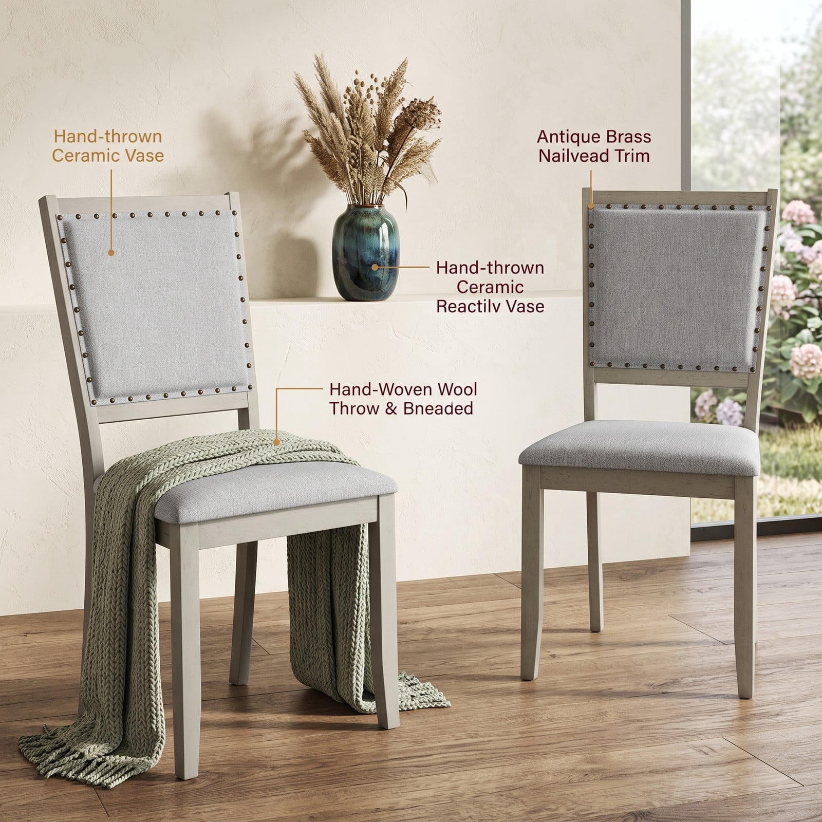 Furnibear Farmhouse Dining Chair Set of 2, Fabric Upholstered Kitchen Chairs with Rubber Wood Frame, Padded Seat and Vintage Nailhead Trim for Dining Room Cafe, Gray