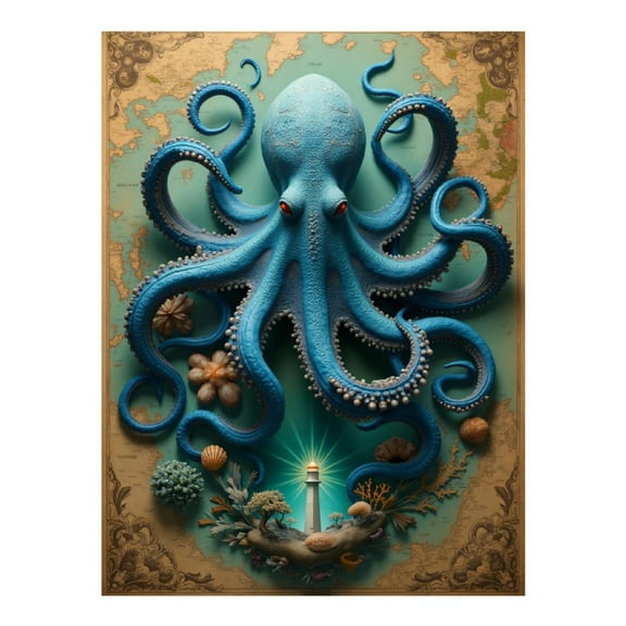Diamond Art Kit for Adults, Blue Octopus Nautical Illustration Diamond Painting for Adults Beginners, DIY Diamond Art Painting Kits, 5D Diamond Painting Crafts for Home Decor 12x16 Frameless