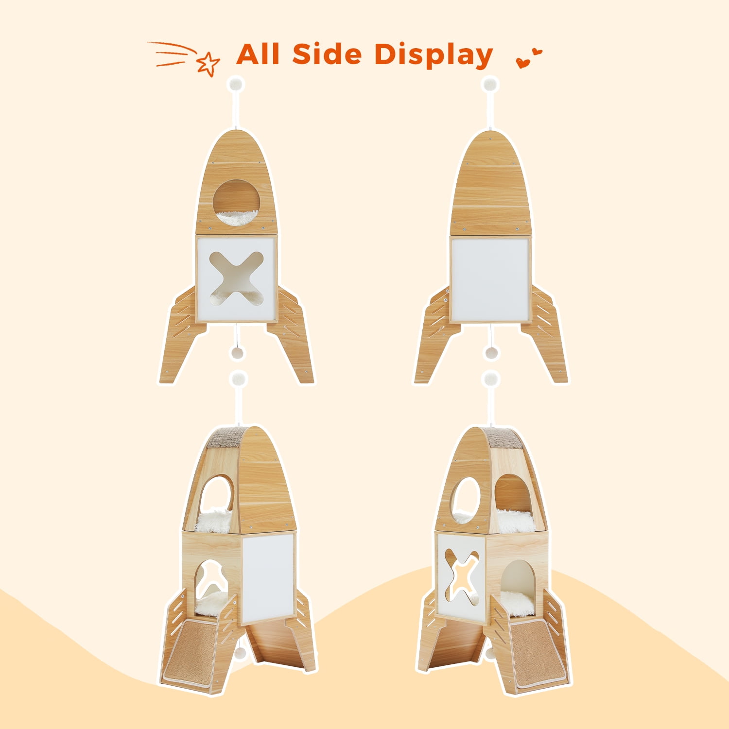 Pefilos 43" Modern Cat Tree Tower Rocket Shape, Multilevel Cat Condo for Large Cats, Cat Tower for Big and Fat Spacious, Beige