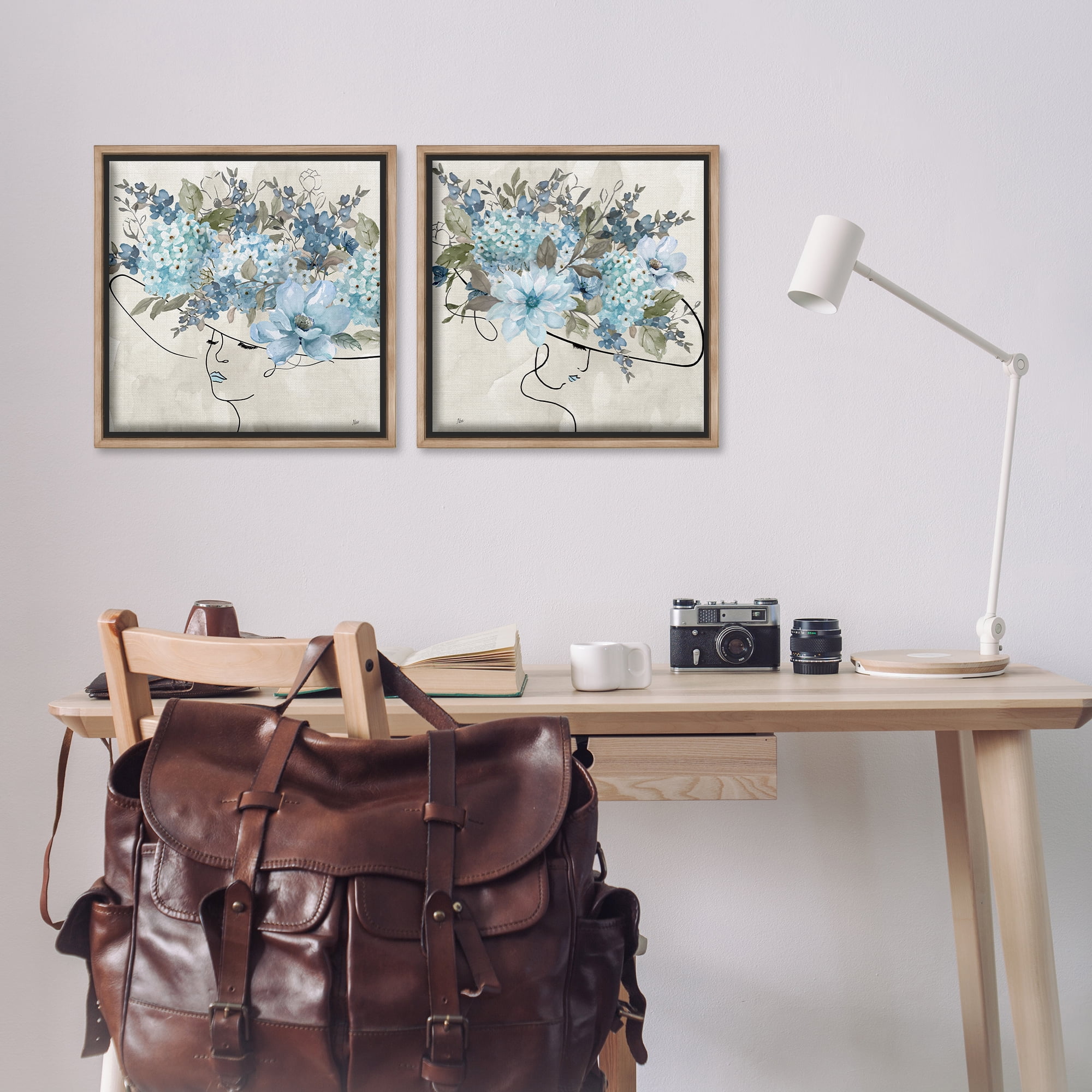 Stupell Industries Female Figure Floral Hat People Painting Brown Floater Framed Canvas Art Print Wall Art, 18 x 18, Set of 2