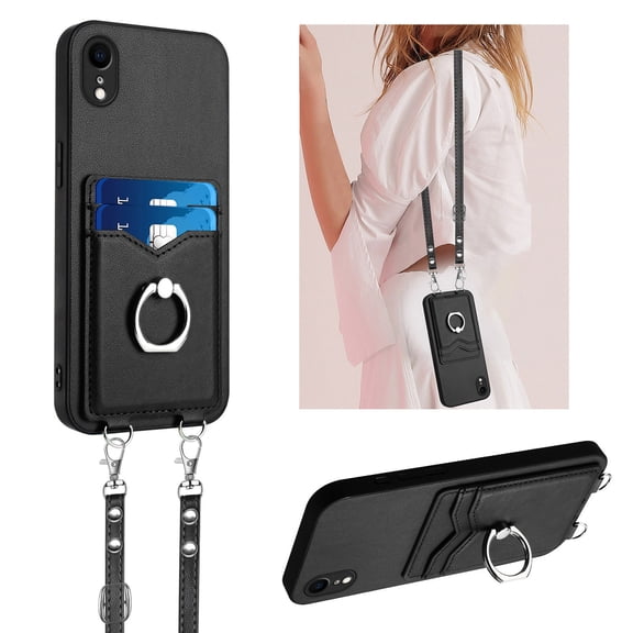 for iPhone XR PU Leather Case, Wallet Case with Ring Stand Kickstand Shockproof Protective for Women Girls Card Holder Slot Stand Shoulder Strap Case for iPhone XR, Black