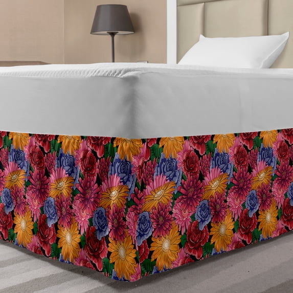 Colorful Bed Skirt, Motley Meadow Flowers Fresh Spring Bouquet Wedding Theme Roses Chamomiles Gerbera, Elastic Bedskirt Dust Ruffle Wrap Around for Bedding Decor, 4 Sizes, Multicolor, by Ambesonne