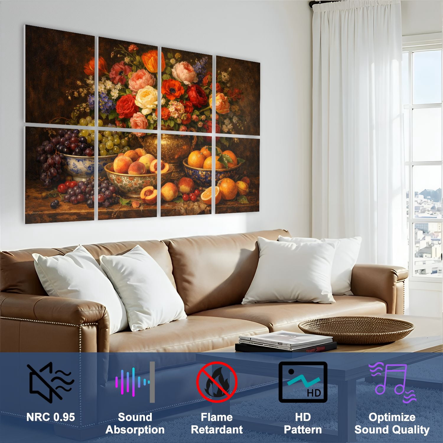 8 Pack Art Acoustic Panels Sound Absorbing Luxurious Baroque Floral Fruit Still Life Dark Decorative Soundproof Wall Panels Self Adhesive for Nursery Game Room Bedroom 48"x32"