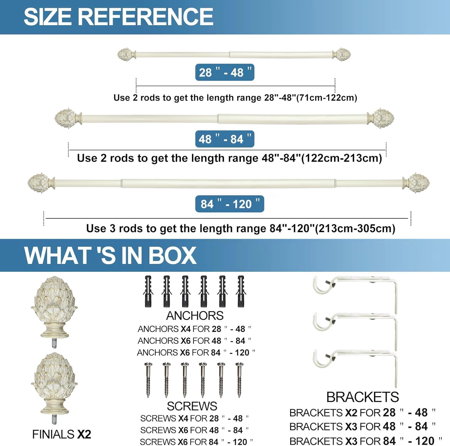 Urbanest Adjustable Single Curtain Rod Set Gilded Artichoke Finials – 1 - Inch Diameter, With French White Rod, 48–84 Inches