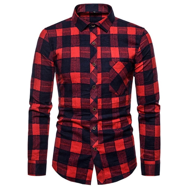 Blusa y camisa de manga larga con cuello vuelto para hombre, blusa informal de moda con estampado a cuadros y bolsillos, blusa de manga larga para hombre