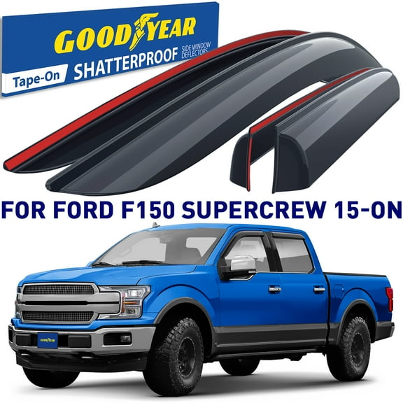 Goodyear Shatterproof Window Deflectors for Ford F150 2015-2026 SuperCrew, Tape-on Rain Guards, Window Visors, Vent Deflector Visor, Car Accessories, 4 pcs. - GY008885