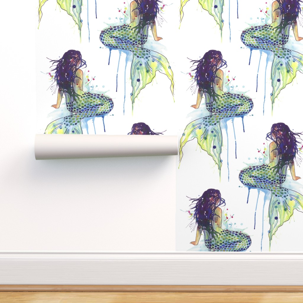 Peel-and-Stick Removable Wallpaper Mermaid Watercolor Mermaids Green