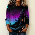 thumbnail image 2 of Shirts for Women Halloween Funny 3/4 Sleeve T Shirts Spooky Castle Bat Printed Tops Horror Round Neck Pullover Holiday Three Quarter Length Blouses, 2XL, 2 of 7