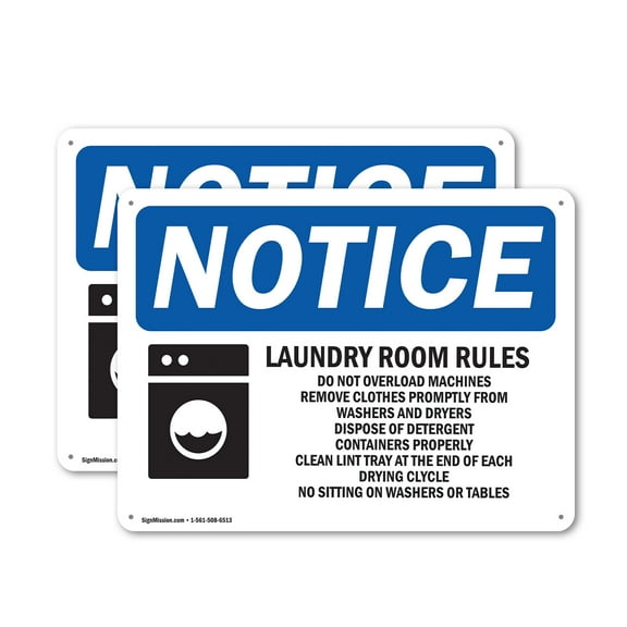 (2 Pack) Laundry Room Rules Do Not Overload OSHA Notice Sign 14 Inch X 10 Inch Indoor / Outdoor Rust-Free Aluminum Metal Signs for Workplace, Workshop, and Construction Site, Made in the USA