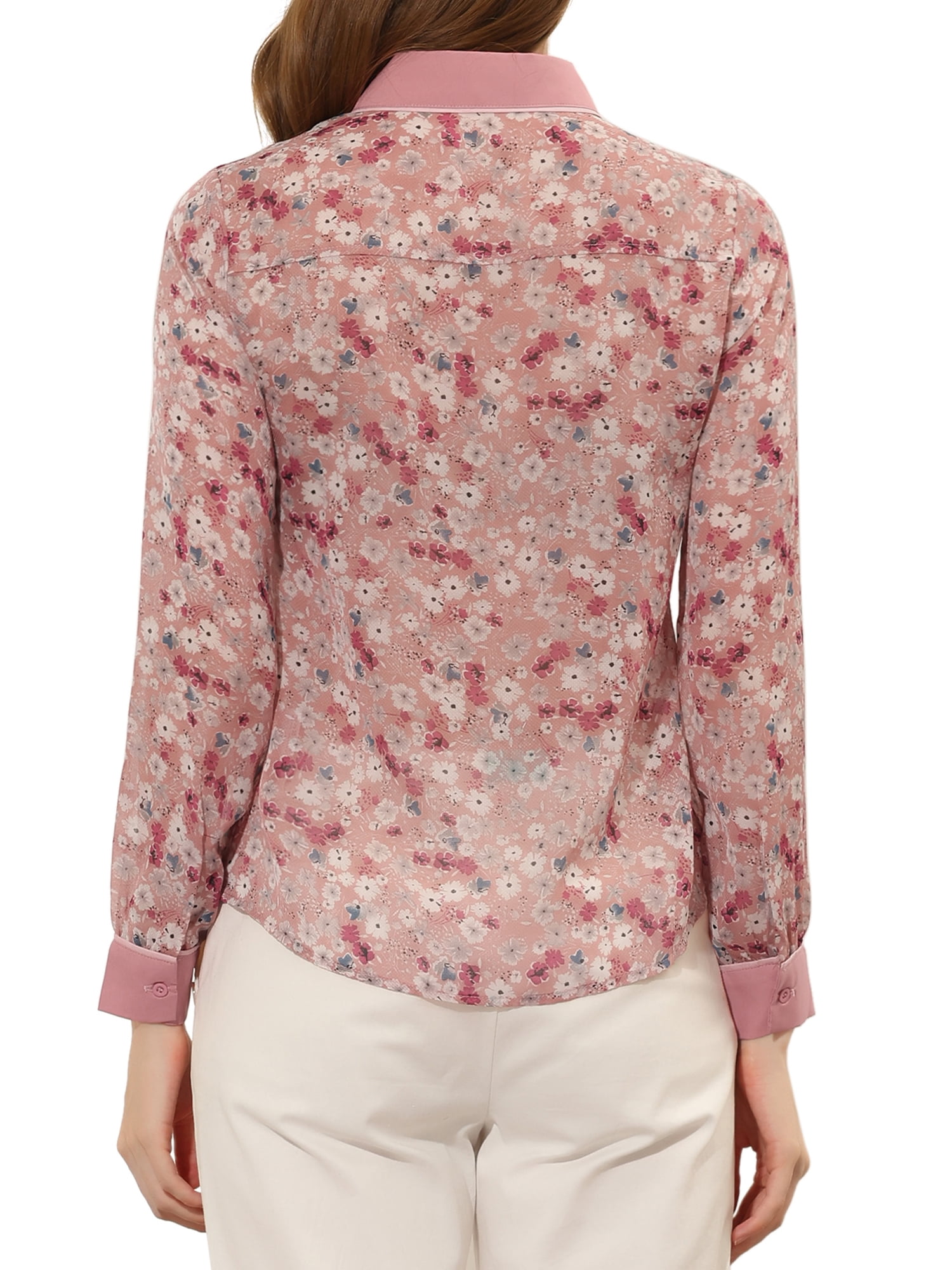 Allegra K Women's Floral Button up Contrast Color Long Sleeve Work