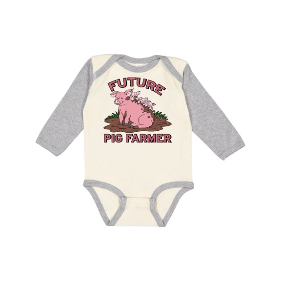 Inktastic Future Pig Farmer with Cute Pig Family Boys or Girls Long Sleeve Baby Bodysuit