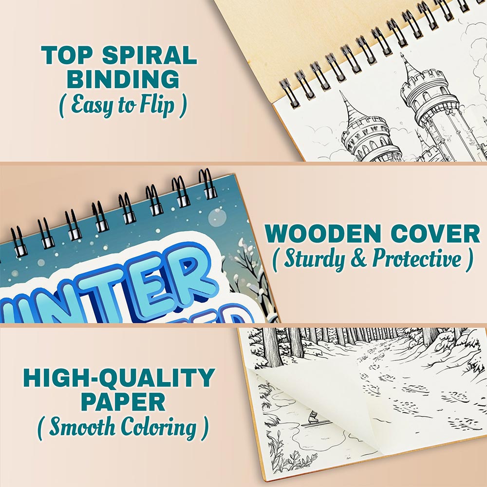 Netecom Winter Enchanted Coloring Book Spiral Bound For Adults, A5 Wooden Cover, 30 Tranquil Coloring Pages of Frozen Landscapes for Stress Relief and Relaxation