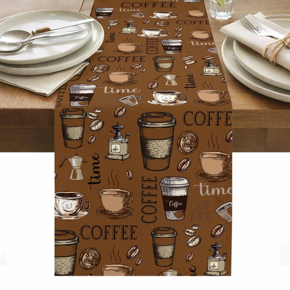 Coffee Theme Table Runner - 36 Inch Long, Kitchen Dining Table Runner Dresser Scarves, Funny Brown Vintage Beans Latte Tea Cup Farmhouse Decor for Coffee Tables Wedding Party Banquet