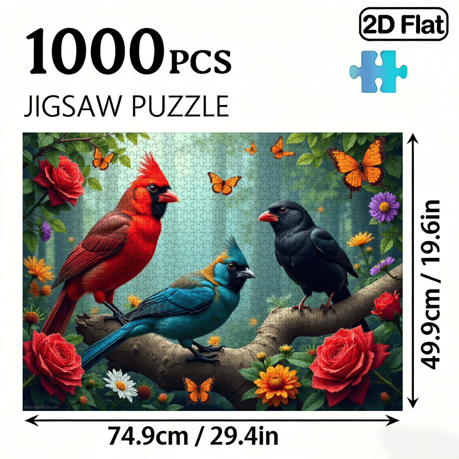 1000-piece horizontal paper jigsaw puzzle - lively birds and butterflies, with dimensions of 29.4*19.6 inches.