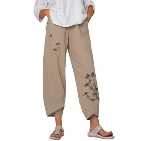 

Womens Cotton Linen Capri Pants Summer Elastic Waisted Casual Pants Wide Leg Loose Fit Comfy Pajama Beach Trousers CHMORA(Khaki M)