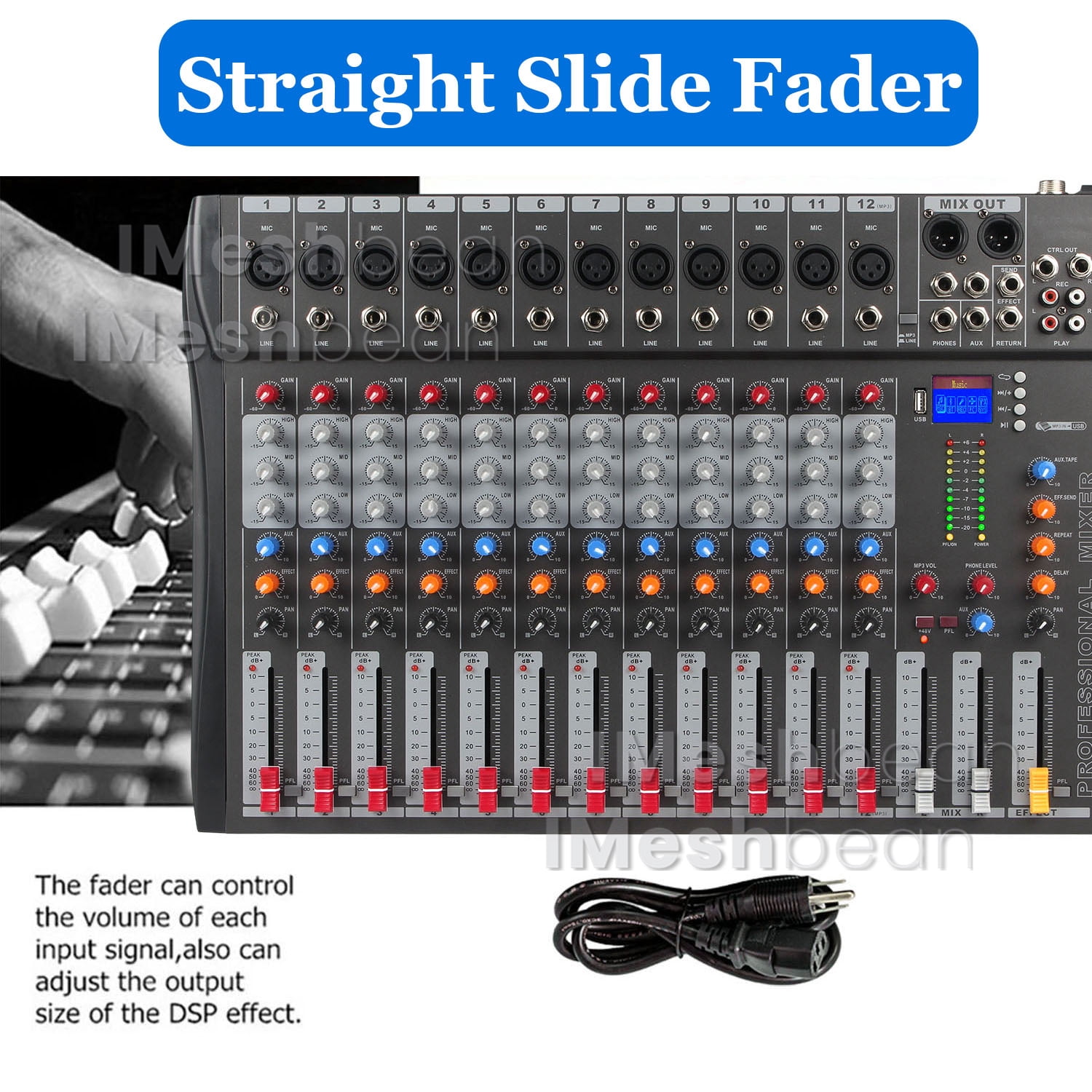 iMeshbean Professional 12-Channel Audio Mixer Sound Board USB Live Studio Mixer with USB Drive for PC Recording 48V Phantom Power Stereo DJ Studio Streaming 110-220V