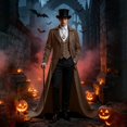 thumbnail image 6 of Men's Vintage Gothic Medieval Steampunk Long Tailcoat Jacket Victorian Frock Button Down Swallow Coat Uniform Light Brown L, 6 of 6