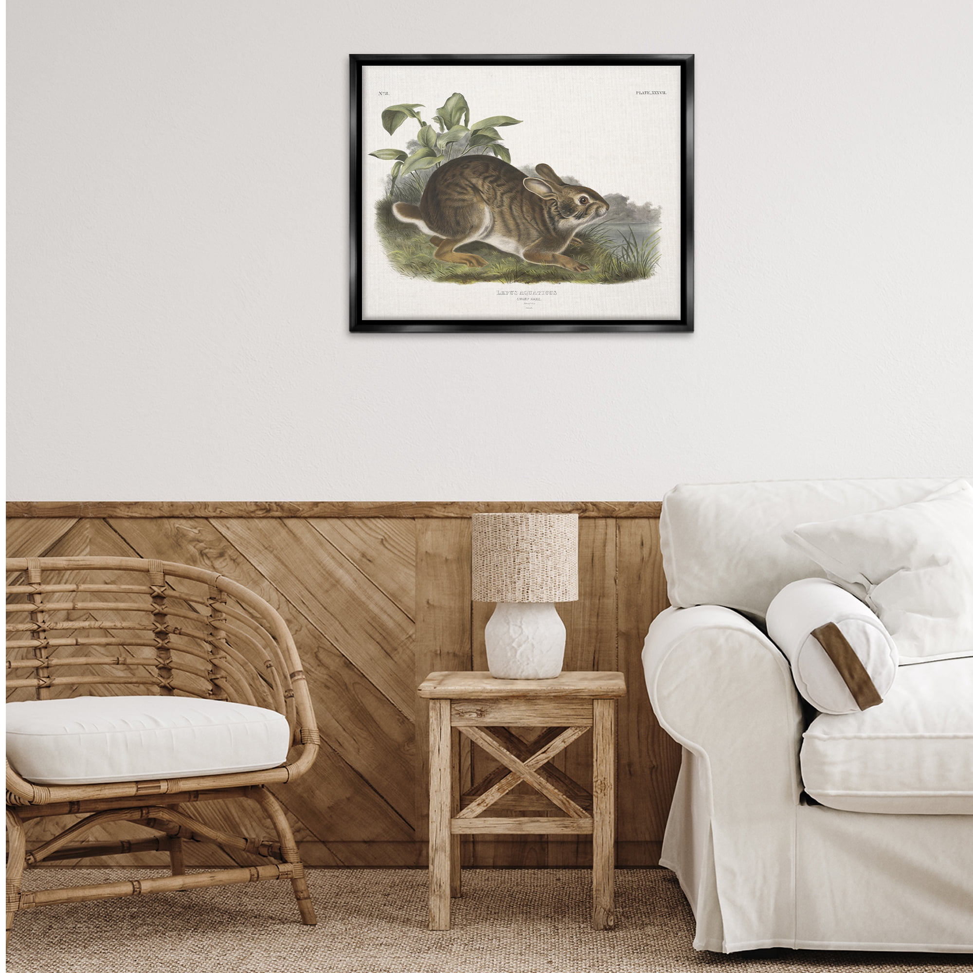 Stupell Industries Vintage Cottage Hare Animals & Insects Painting Black Floater Framed Canvas Art Print Wall Art, 31 x 25