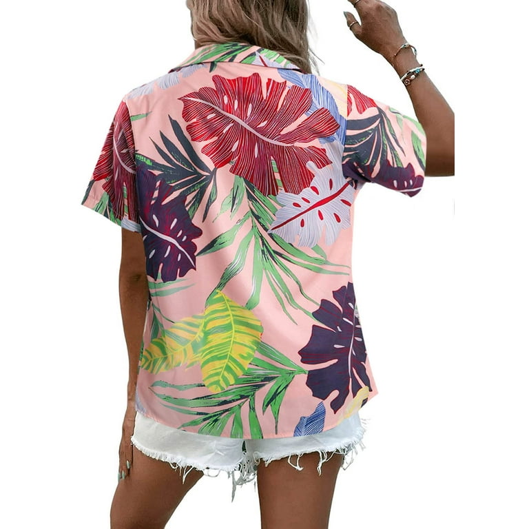 Women Hawaii Shirts Soft Cool Floral Tropic Print V Neck Summer Tops Short  Sleeve Button Up Tops T-Shirt Black at  Women's Clothing store