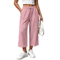 thumbnail image 5 of Lmueinov 2026 Women's Drawstring Elastic High Waist Cotton Linen Cropped Wide Leg Pants, Side Button Decor Loose Capri Casual Trousers Summer Daily Vacation Wear S-XXL, 5 of 6