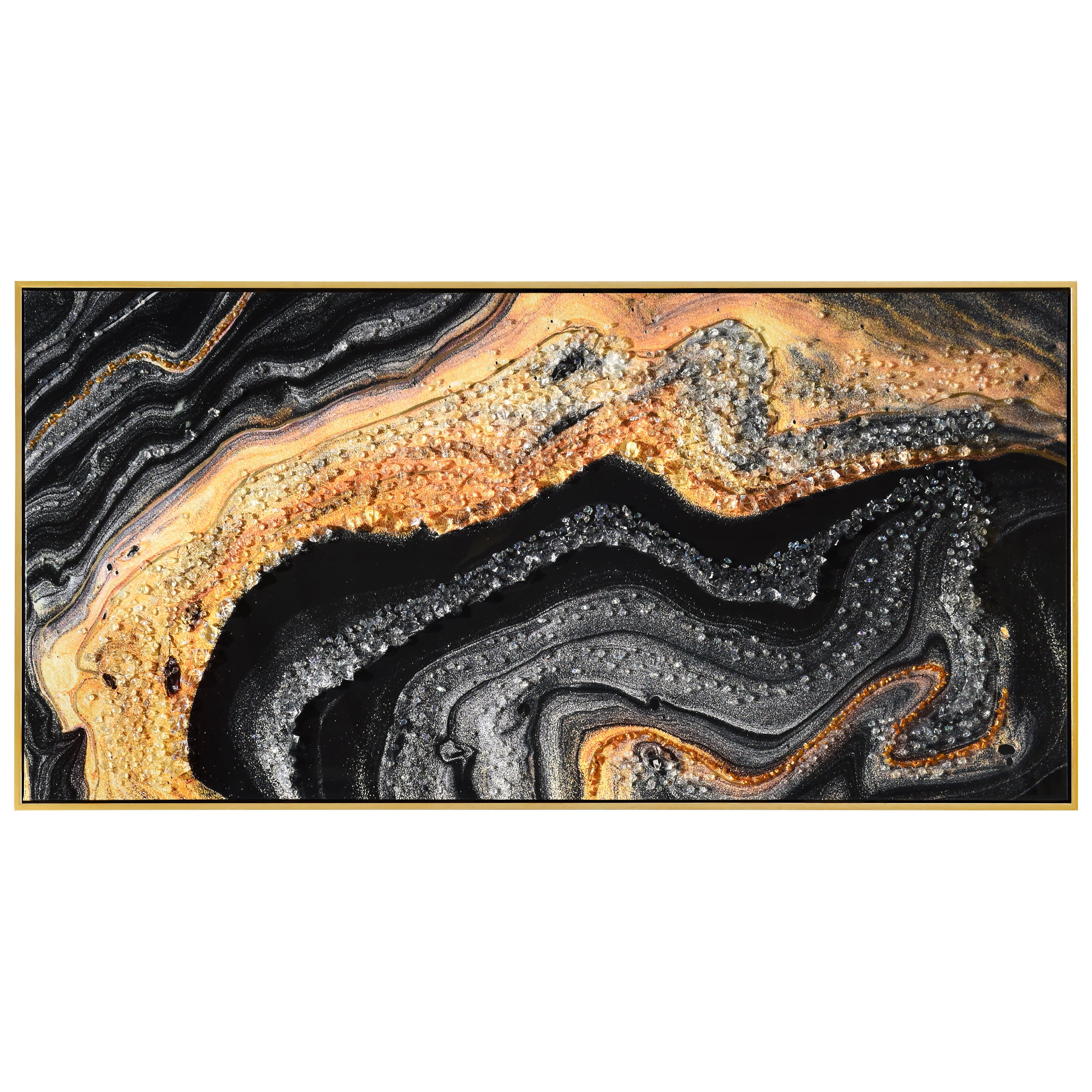 "Golden Veins IV" Crystallus Epoxy Coated Wrapped Framed Glossy AbstractCanvas Wall Art with Heavy Acrylic Crystal Shards Embellishments