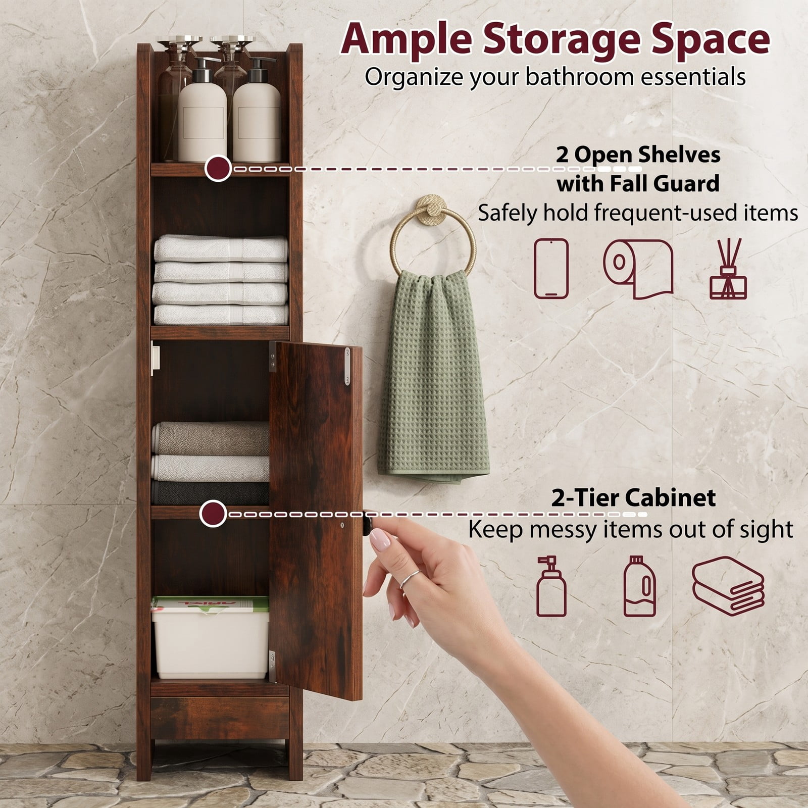 Fenbeli Slim Bathroom Corner Storage Cabinet, Freestanding Floor Cabinet with Door and Adjustable 3-Tier Shelf, Anti-Tipping Space-Saving Organizer for, Rustic Brown