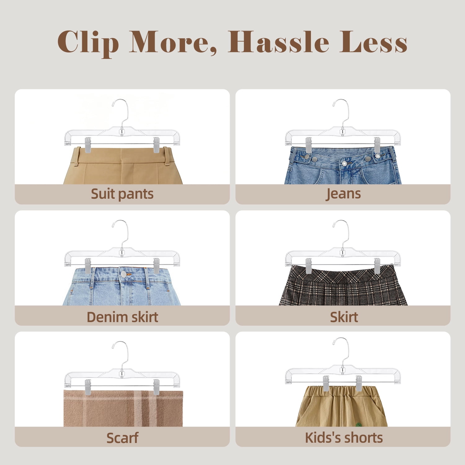 BagDream Clear Plastic Skirt Hangers with Clips, Pants Hangers 360-Rotating Swivel Hook, Clip Hangers for Pants, Trousers, Skirts, 15 Pack, 14 Inch