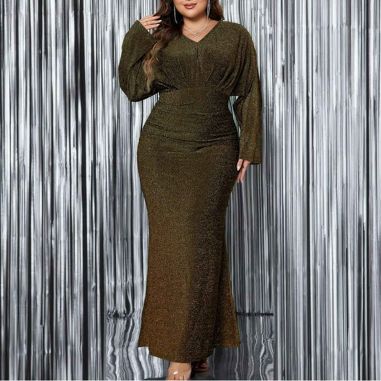 qolati Women's Plus Size Sequin Dress Fall Bodycon Mermaid Maxi Dress  Sparkly Long Sleeve V Neck Ruched Long Club Cocktail Wedding Guest Dresses  Army Green XXXL 16 - Walmart.com