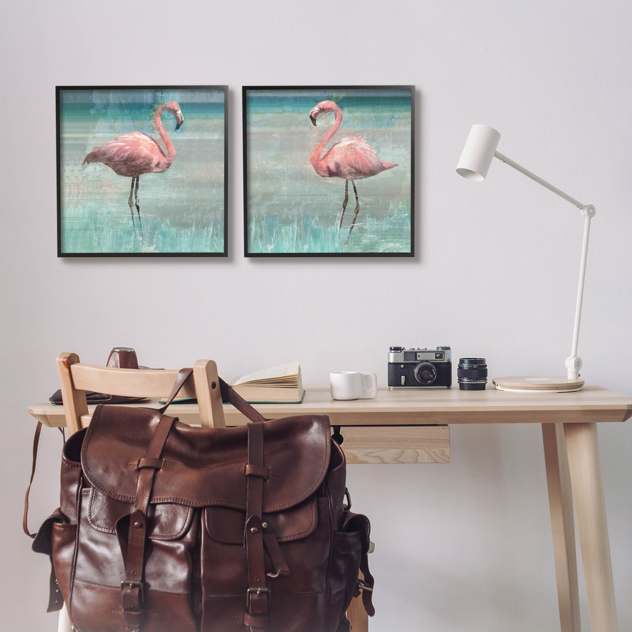 Stupell Industries Tropical Flamingoes Grazing Graphic Art Black Framed Art Print Wall Art, Set of 2, Design by Nan