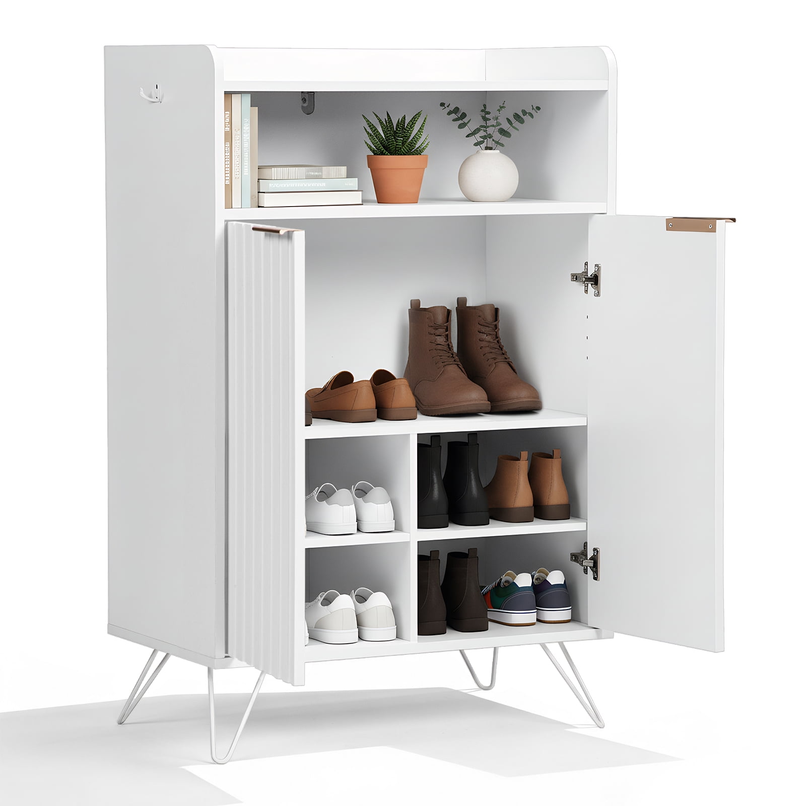 Shoe Cabinet With Grille Panel, Two Doors, Open Top, And Two Hooks On The Legs, Particleboard Cabinet Body, Mdf Vacuum-Formed Doors, 68*40*106mm