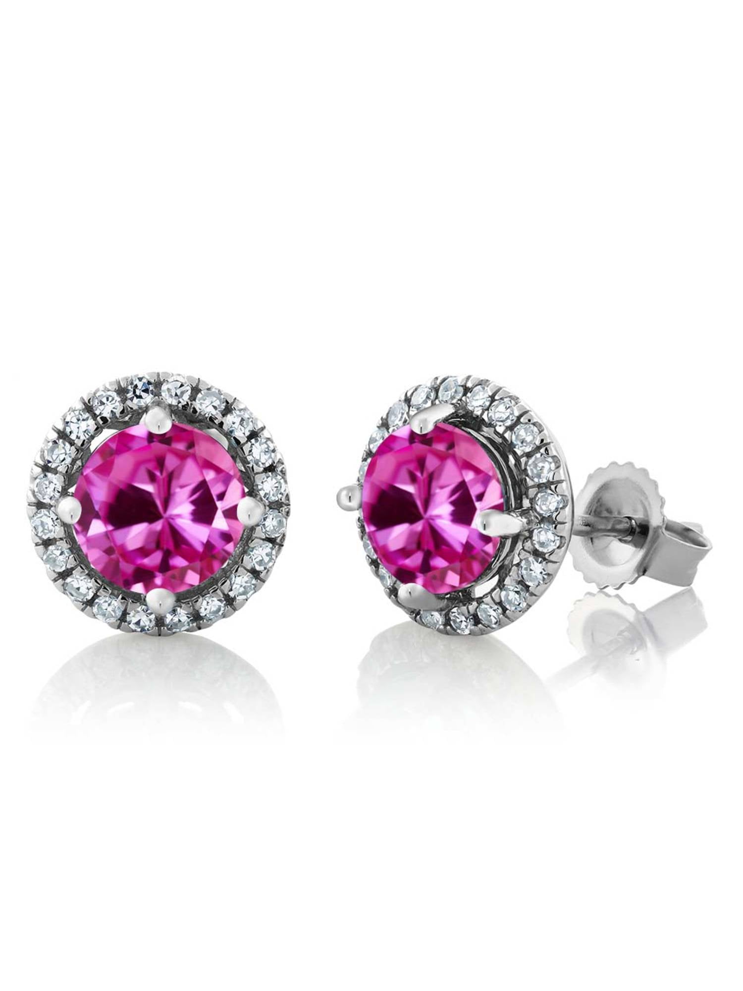 14K White Gold Diamond Halo Earrings with 2.21 Ct Round Pink Created Sapphire by