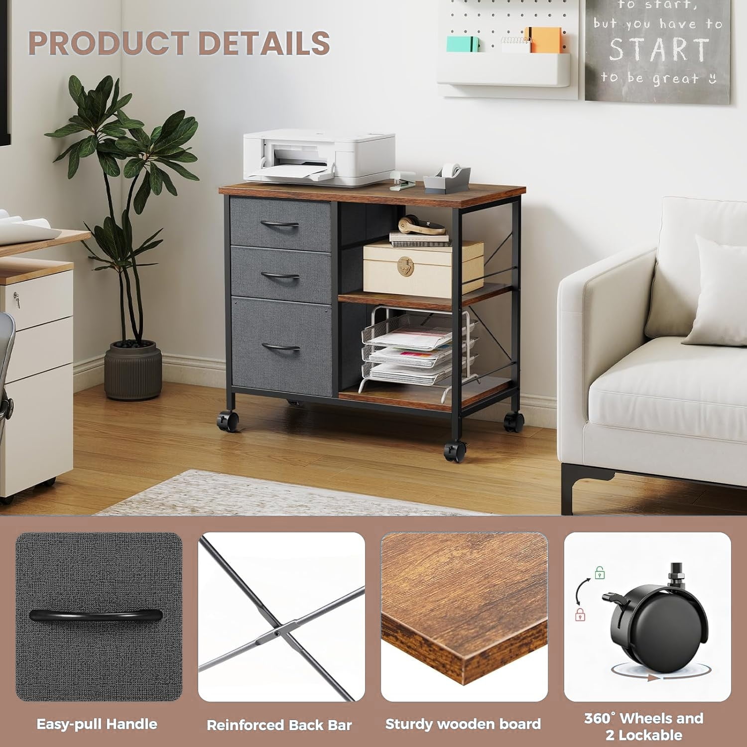 3-Tier Mobile File Cabinet, Rolling Printer Stand with Storage and Back Support Bar, 3 Drawer Lateral File Cabinet Holds 110lbs, for Home Office in Rustic Brown