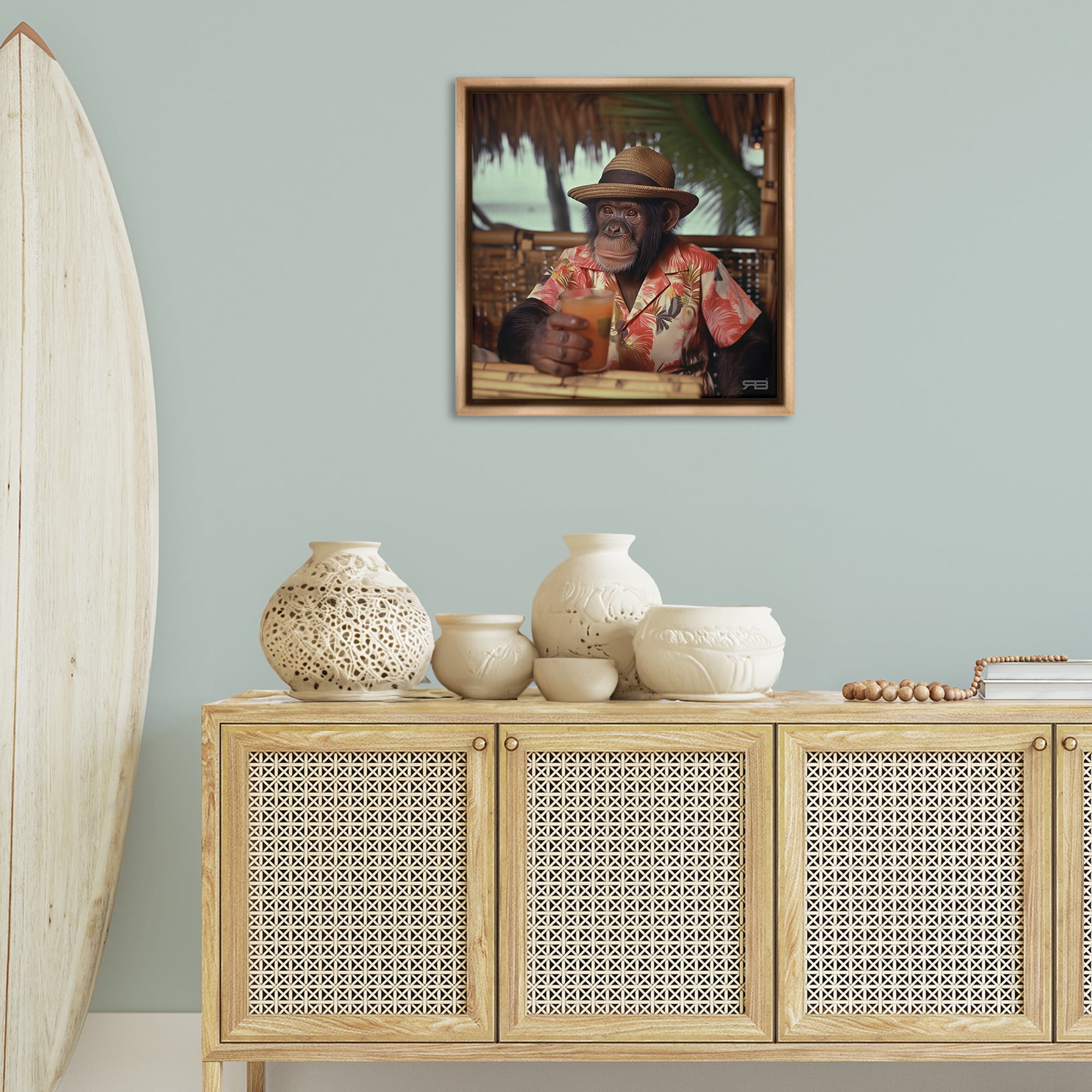 Stupell Industries Tropical Vacation Monkey Novelty Painting Brown Floater Framed Canvas Art Print Wall Art, 25 x 25