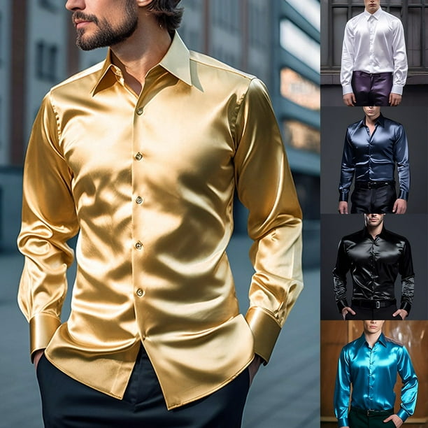 MYG Mens Casual Satin Silk Button Down Dress Shirt Slim Fit Party Long Sleeve Shirts Walmart